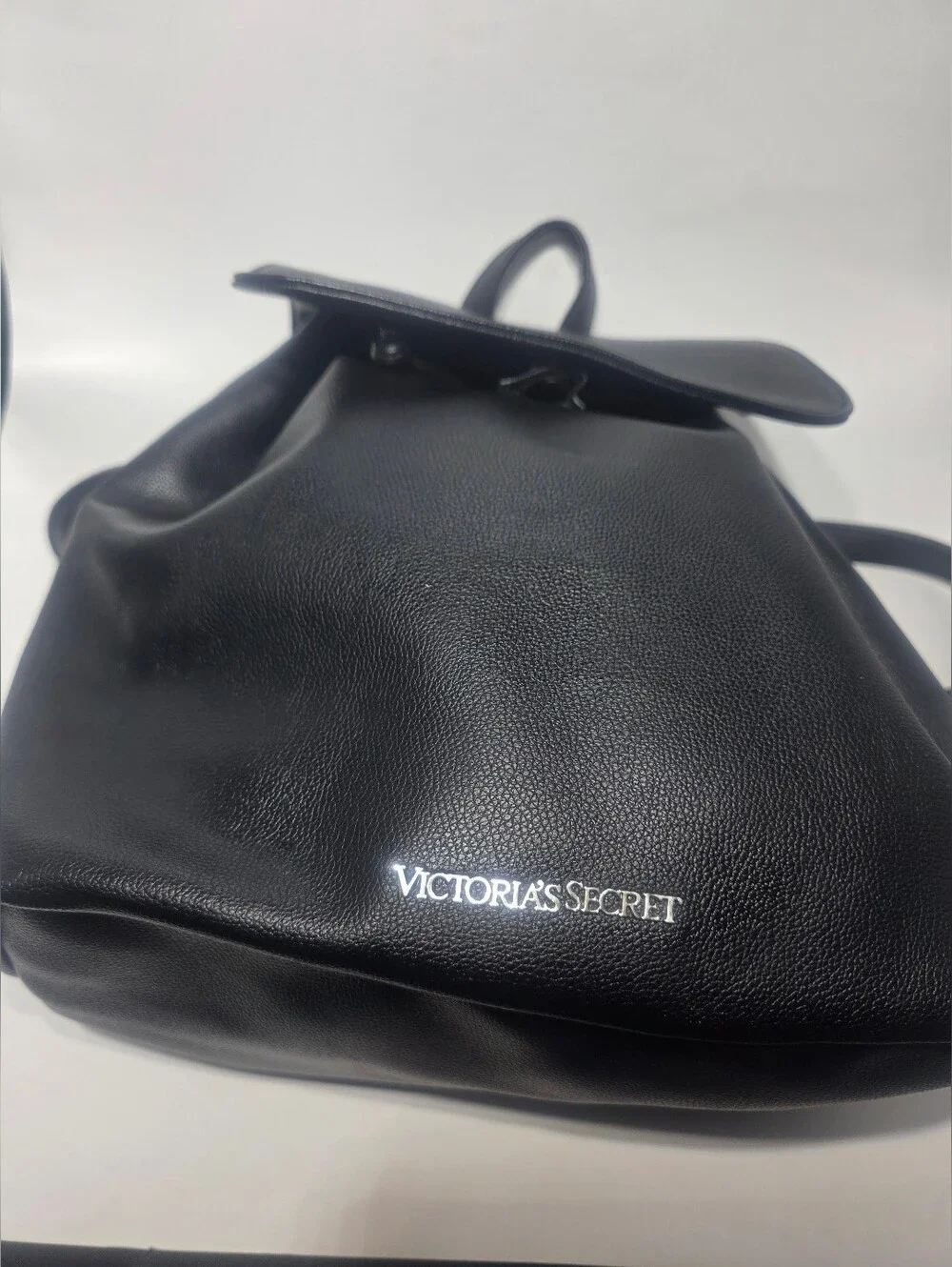 Victoria’s Secret Black Faux Leather Backpack Drawstring Bag Silver  Logo - Picture 5 of 8